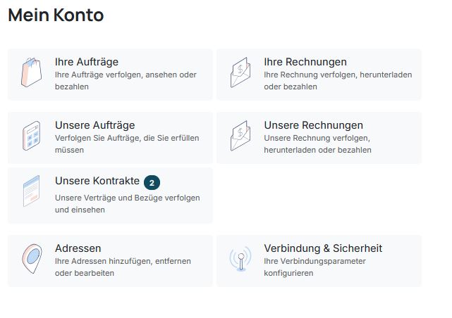 Kundenkonto mit Aufträgen, Rechnungen und Kontrakten