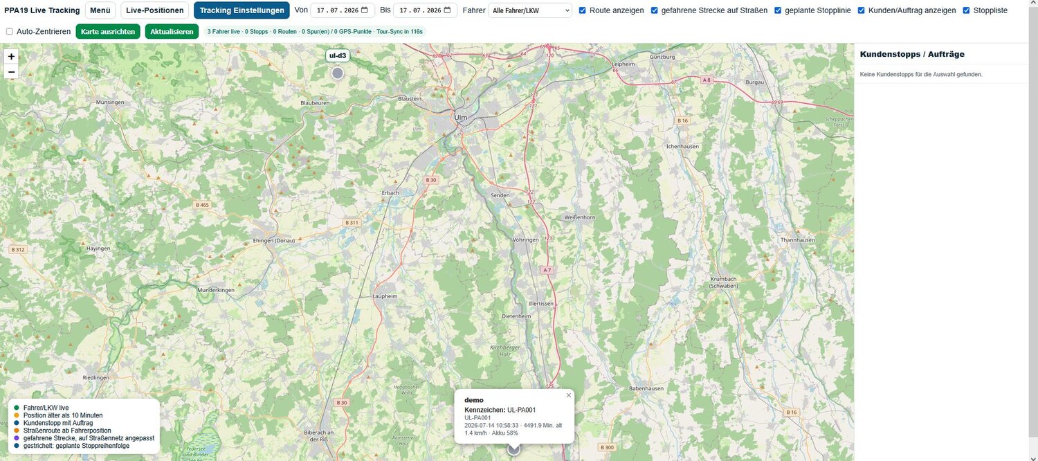 Live-Tracking mit Routen und Stopps